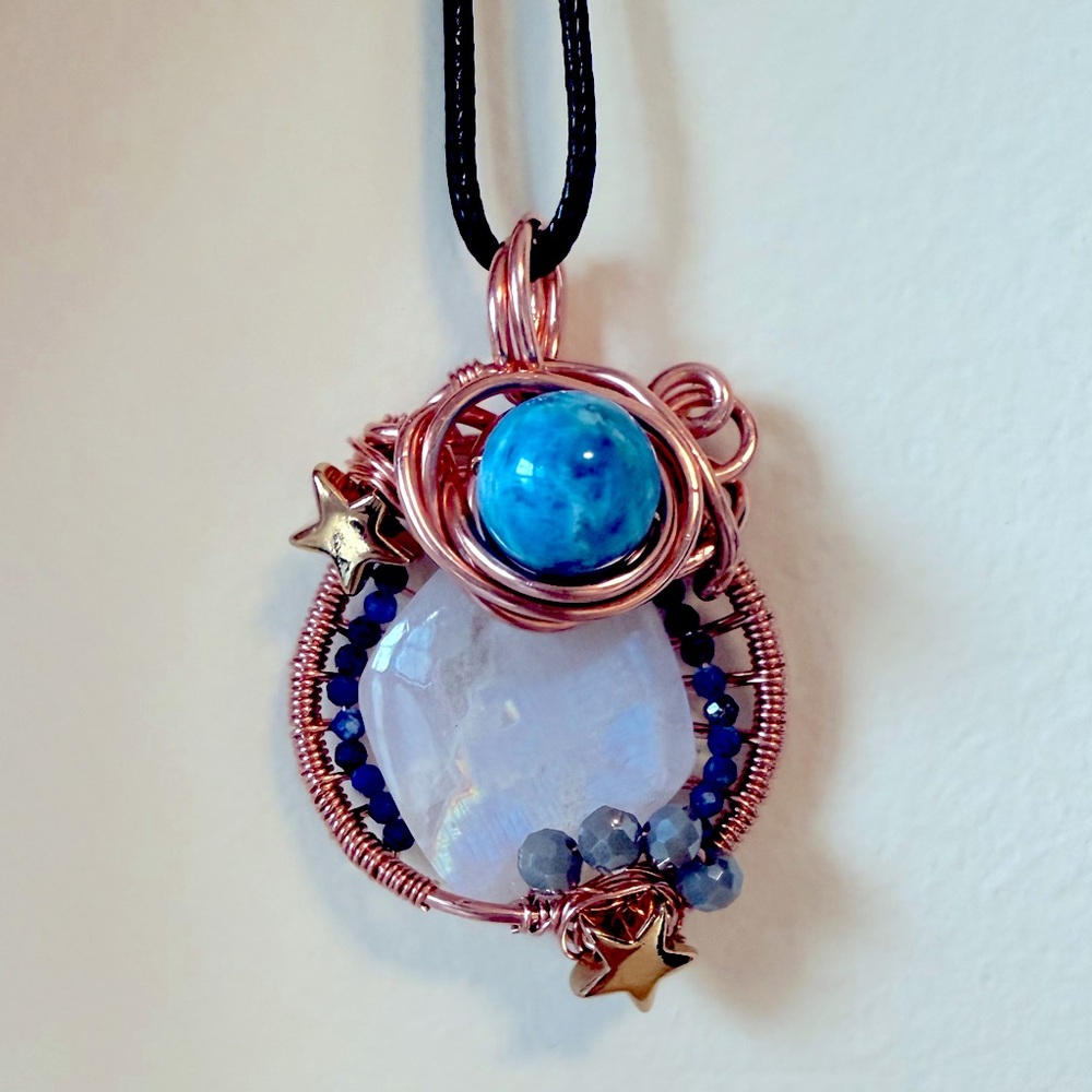 Copper Wire Wrapped Moonstone Pendant Necklace